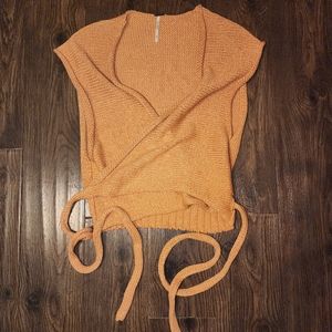 Free People Metallic Orange Knit Wrap Top, Small